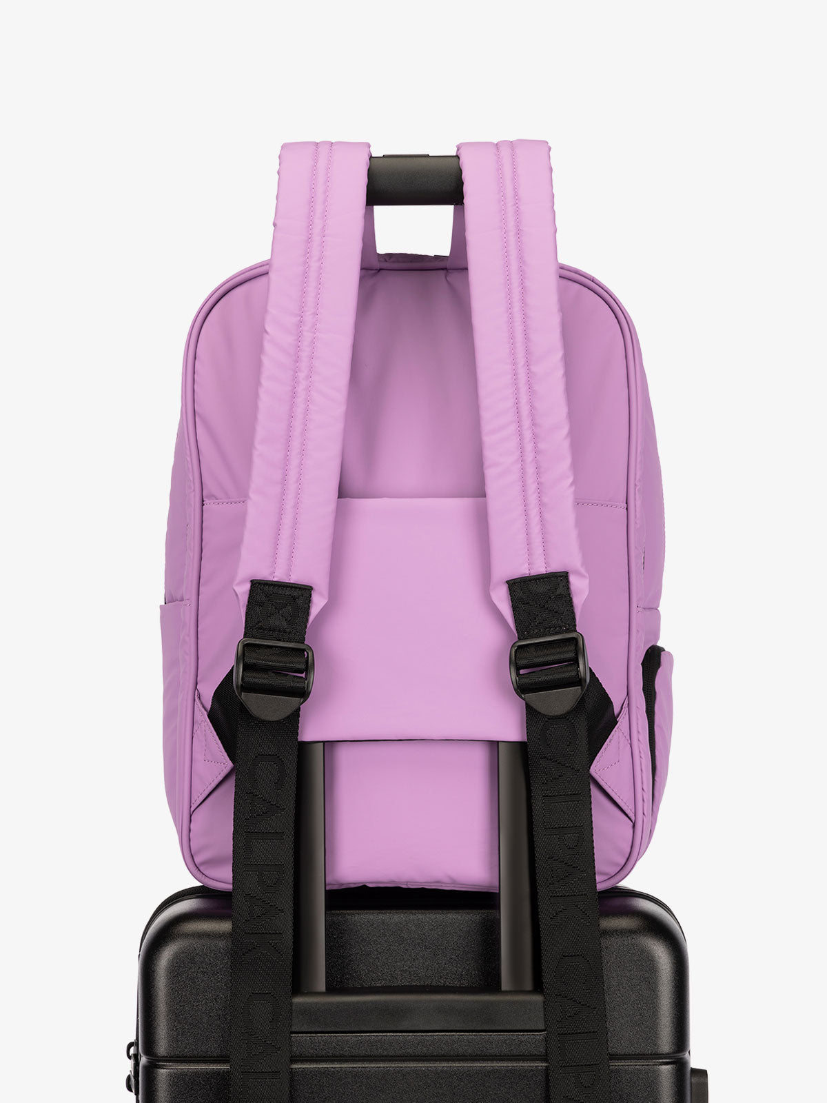 CALPAK water resistant Luka Laptop Backpack with adjustable shoulder straps and trolley sleeve in lilac purple; BPL2001-LILAC