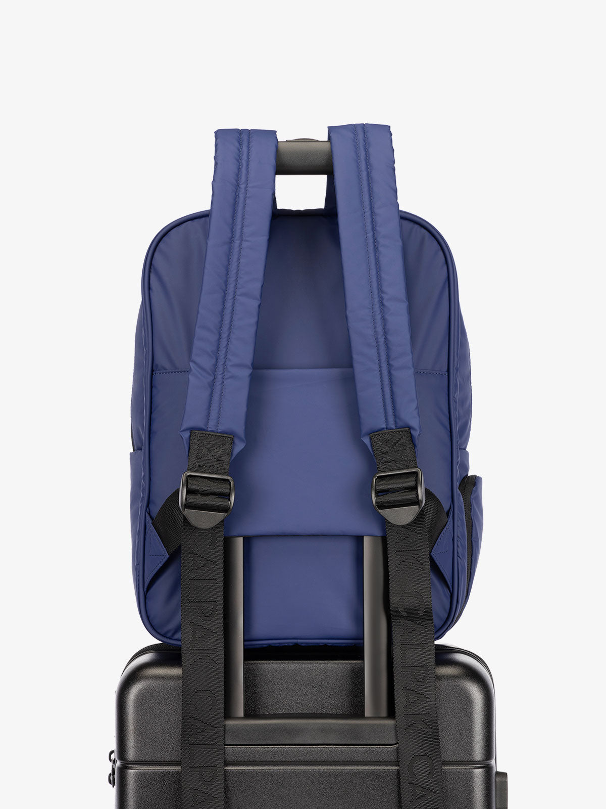 CALPAK water resistant Luka Laptop Backpack with adjustable shoulder straps and trolley sleeve in navy blue; BPL2001-NAVY