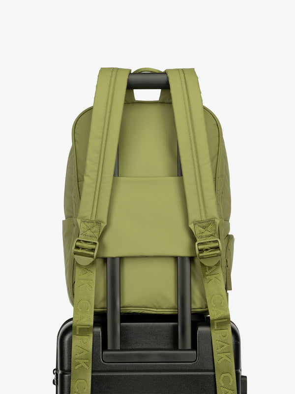 CALPAK water resistant Luka Laptop Backpack with adjustable shoulder straps and trolley sleeve in pistachio