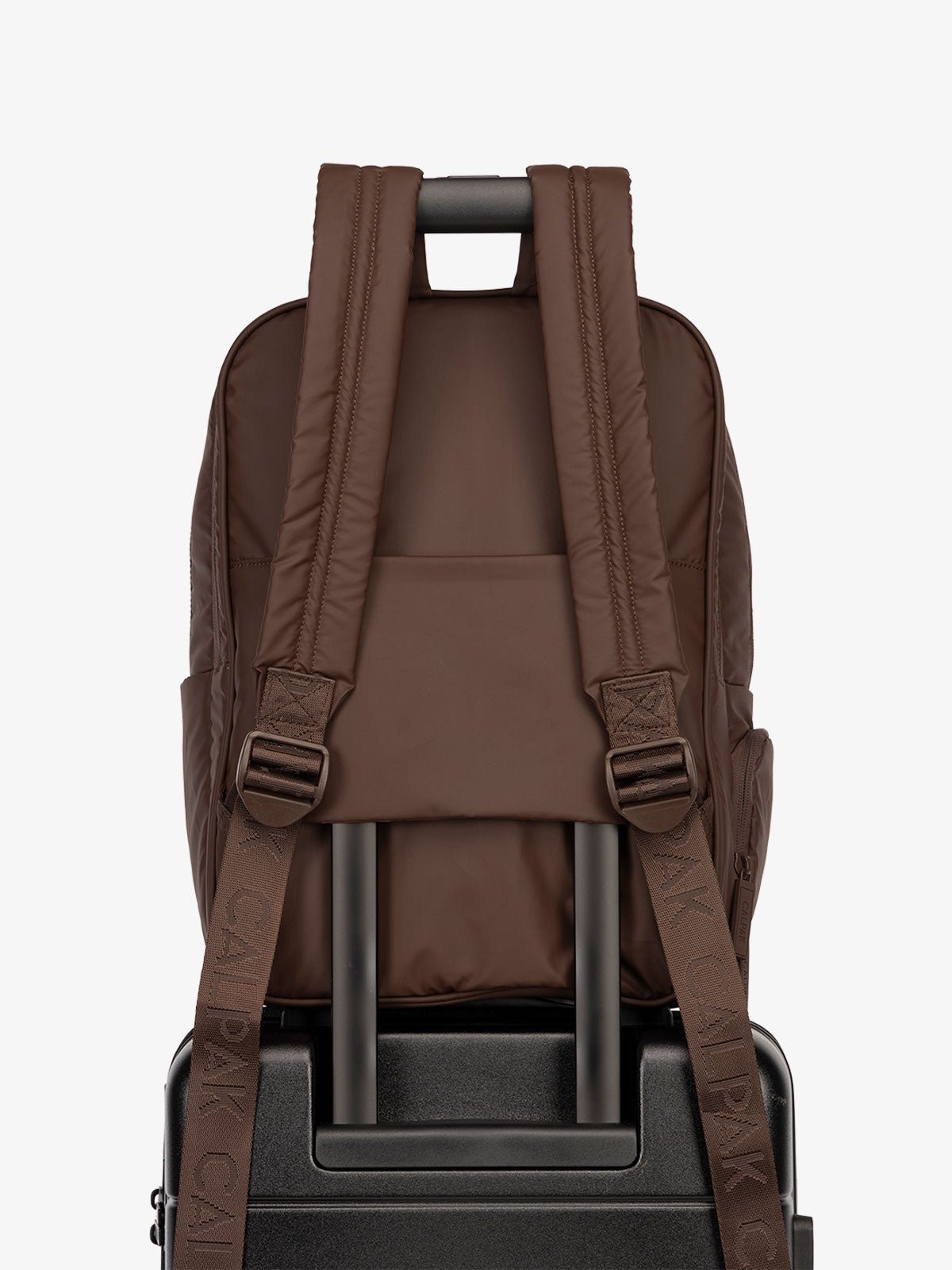 CALPAK water resistant Luka Laptop Backpack with adjustable shoulder straps and trolley sleeve in walnut