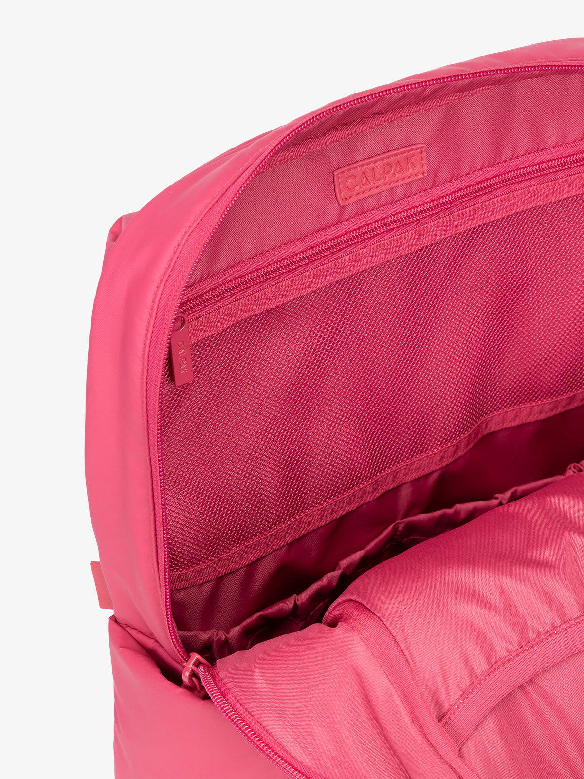 CALPAK Luka Laptop puffy Backpack for work with mesh pocket interior in dragonfruit; BPL2001-DRAGONFRUIT