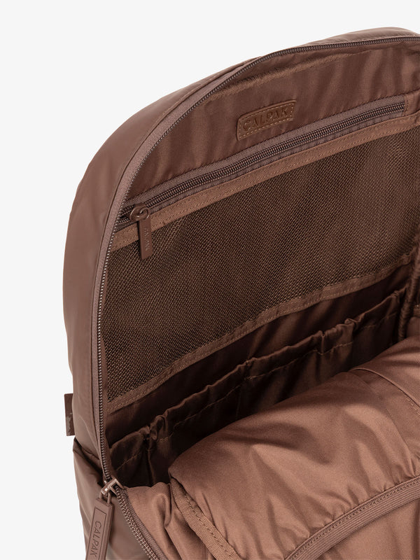 CALPAK Luka Laptop puffy Backpack for work with mesh pocket interior in walnut