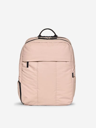 CALPAK Luka 17 inch Laptop Backpack featuring soft, puffy exterior and water resistant lining in rose quartz; BPX2301-ROSE-QUARTZ