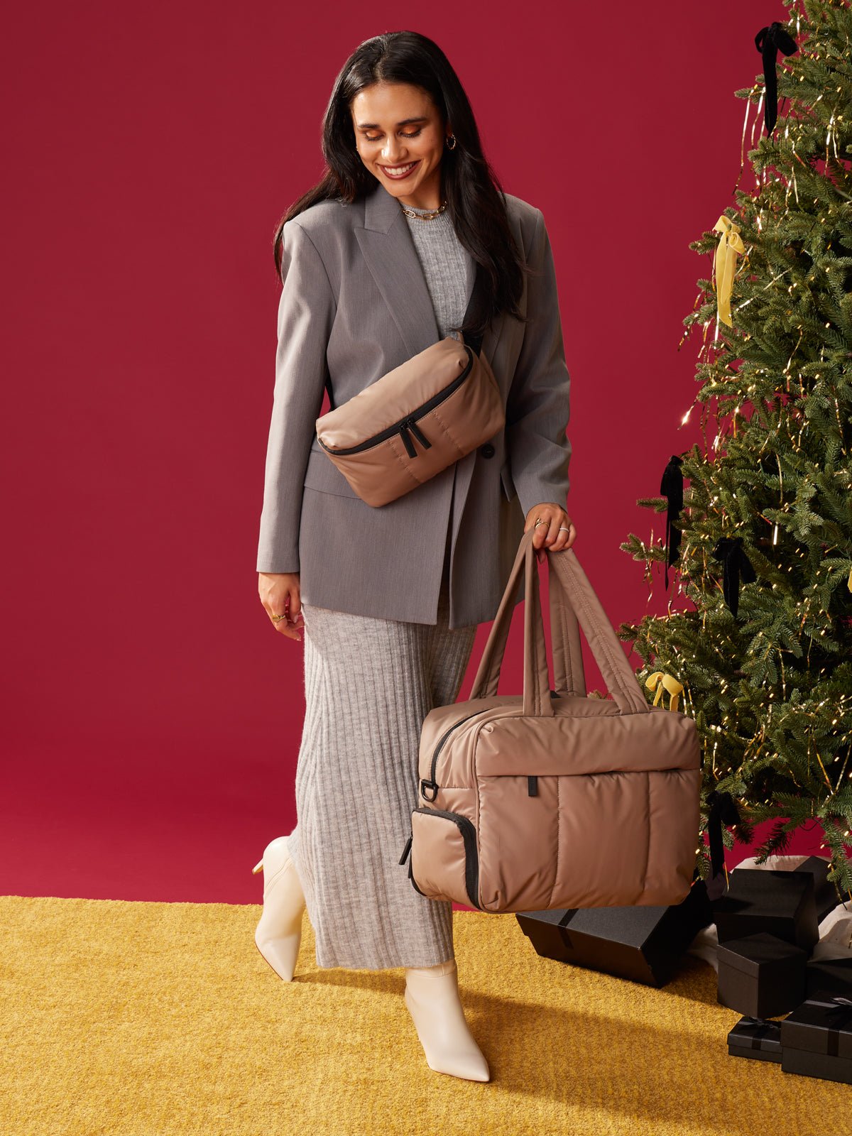 Luka Belt Bag and Luka Duffel in chocolate brown