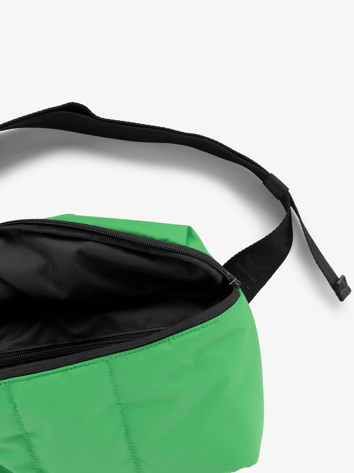 CALPAK Luka Belt Bag close up interior and strap in green; BB1901-GREEN-APPLE