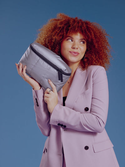 CALPAK Luka Belt Bag with soft puffy exterior in silver; BB1901-GUNMETAL view 2