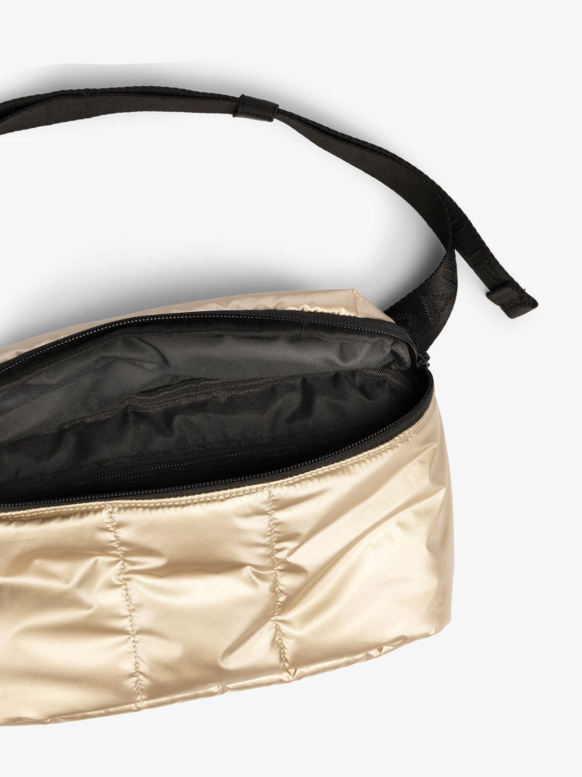 CALPAK Luka Belt Bag close up interior and strap in metallic gold; BB1901-GOLD