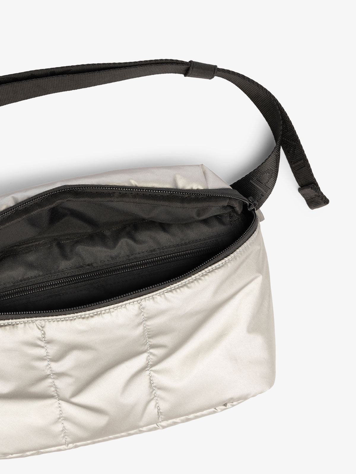 CALPAK Luka Belt Bag close up interior and strap in silver gunmetal; BB1901-GUNMETAL
