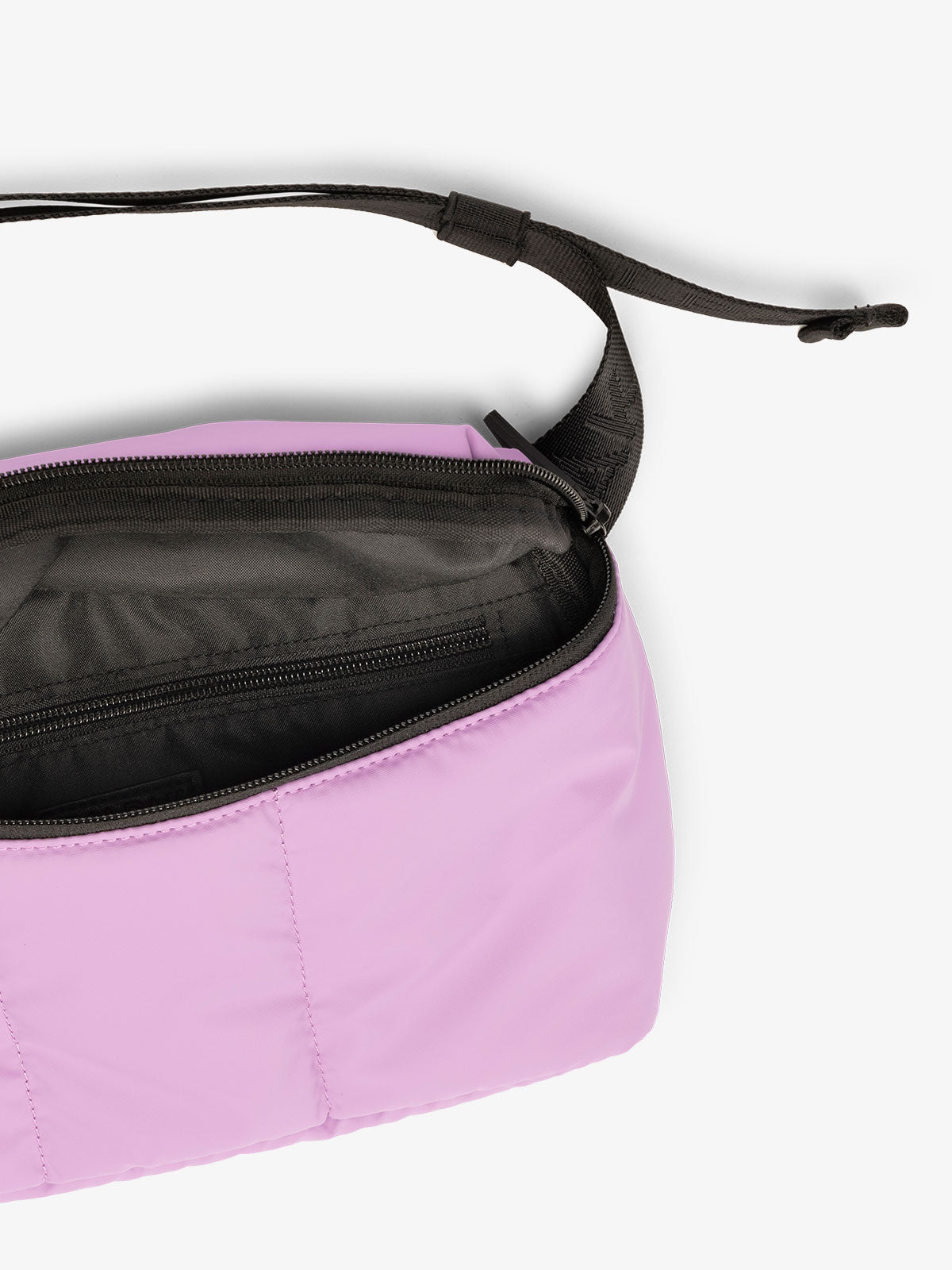 CALPAK Luka Belt Bag close up interior and strap in pink; BB1901-LILAC