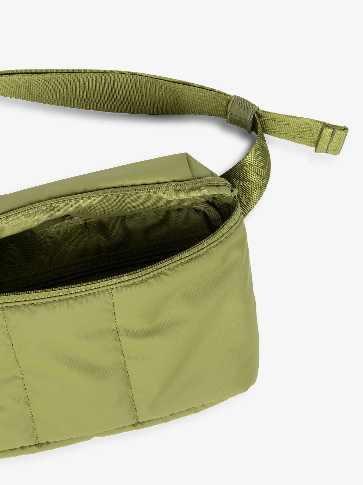CALPAK Luka Belt Bag close up interior and strap in pistachio green; BB1901-PISTACHIO