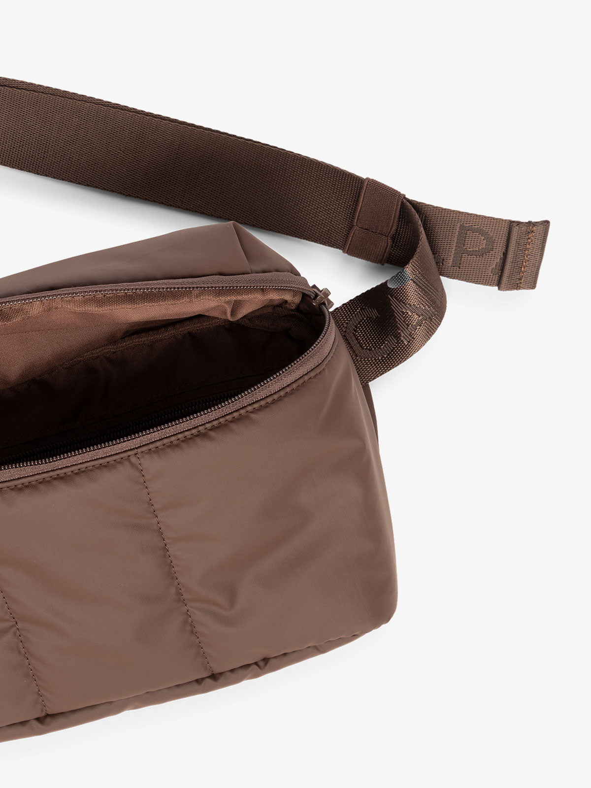 CALPAK Luka Belt Bag close up interior and strap in dark brown walnut; BB1901-WALNUT