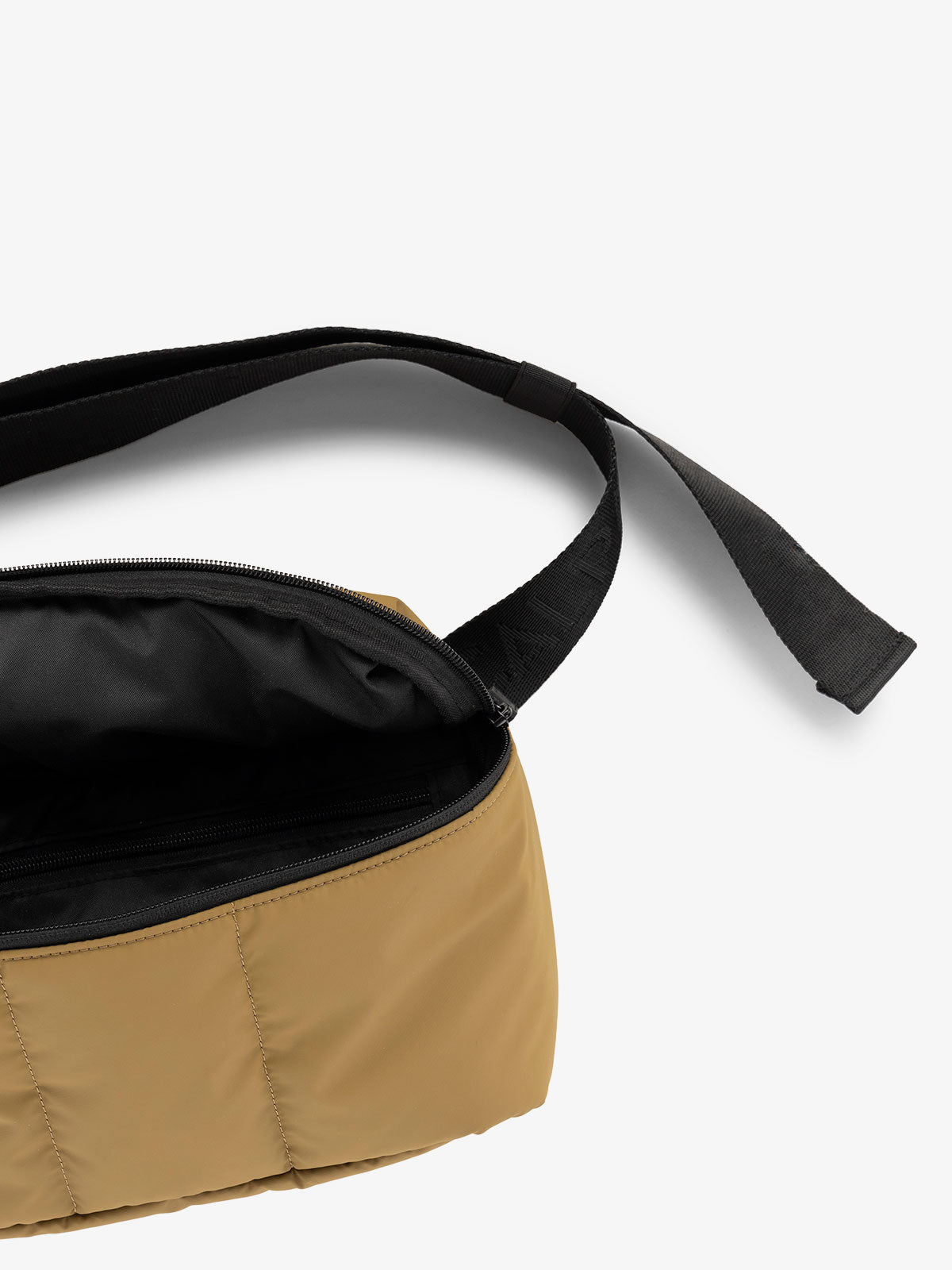 CALPAK Luka Belt Bag close up interior and strap in brown; BB1901-KHAKI