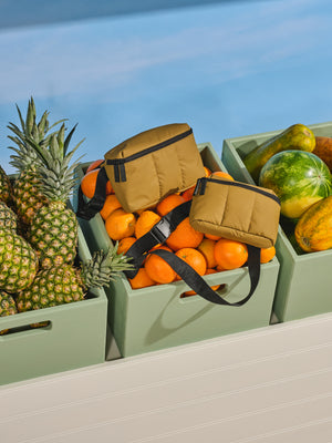 CALPAK Luka everyday Belt Bag and Luka mini belt bag with puffy exterior and adjustable straps in khaki; BB1901-KHAKI