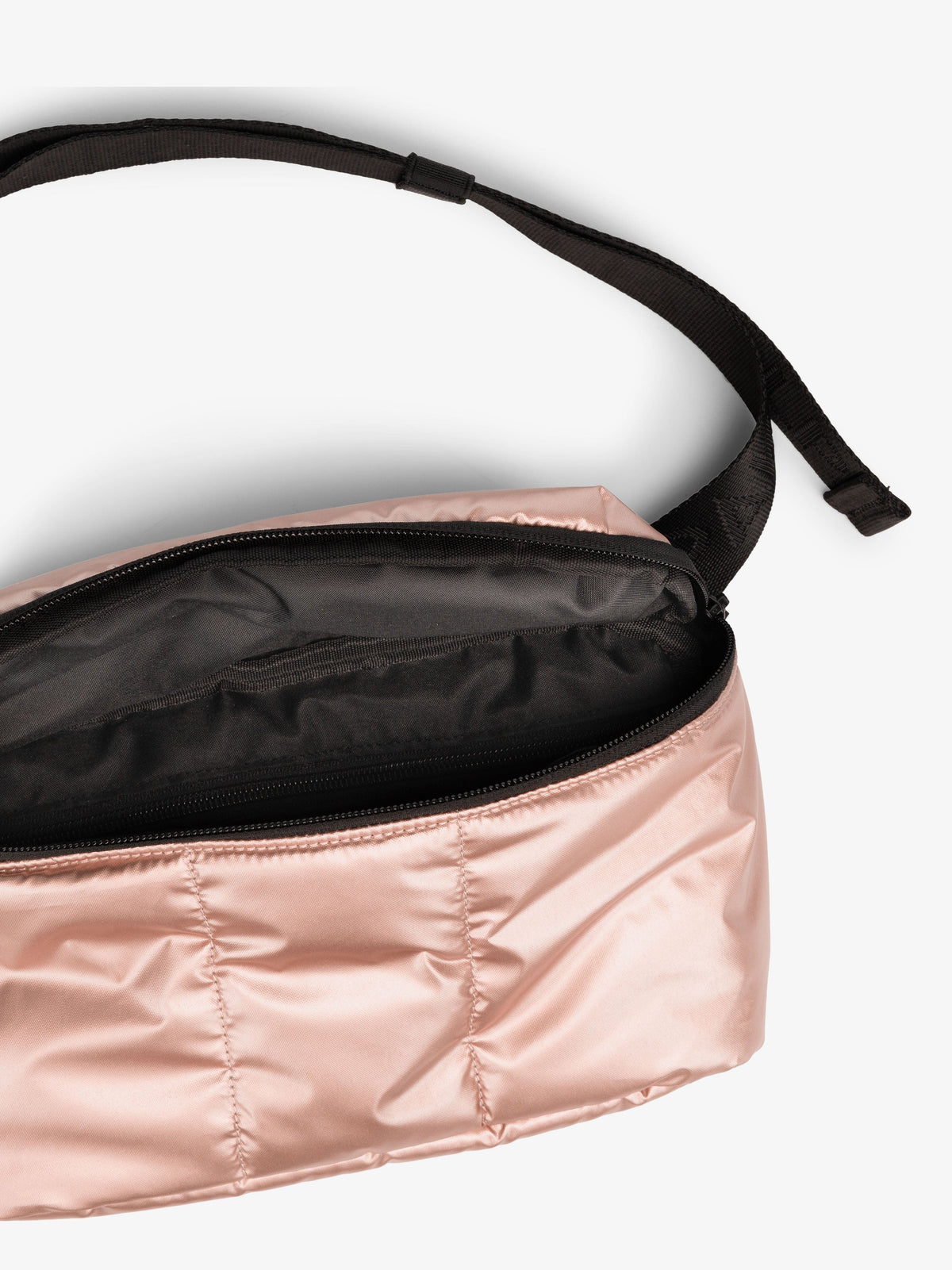 CALPAK Luka Belt Bag close up interior and strap in metallic pink; BB1901-ROSE-GOLD