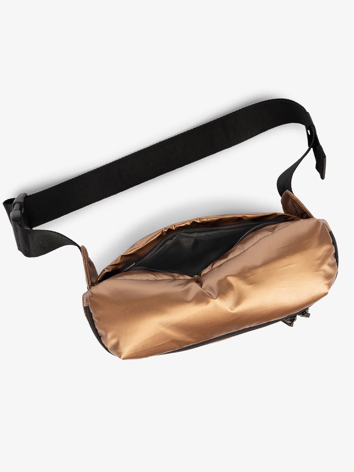 CALPAK Luka Belt Bag with adjustable strap and hidden back pocket in metallic copper