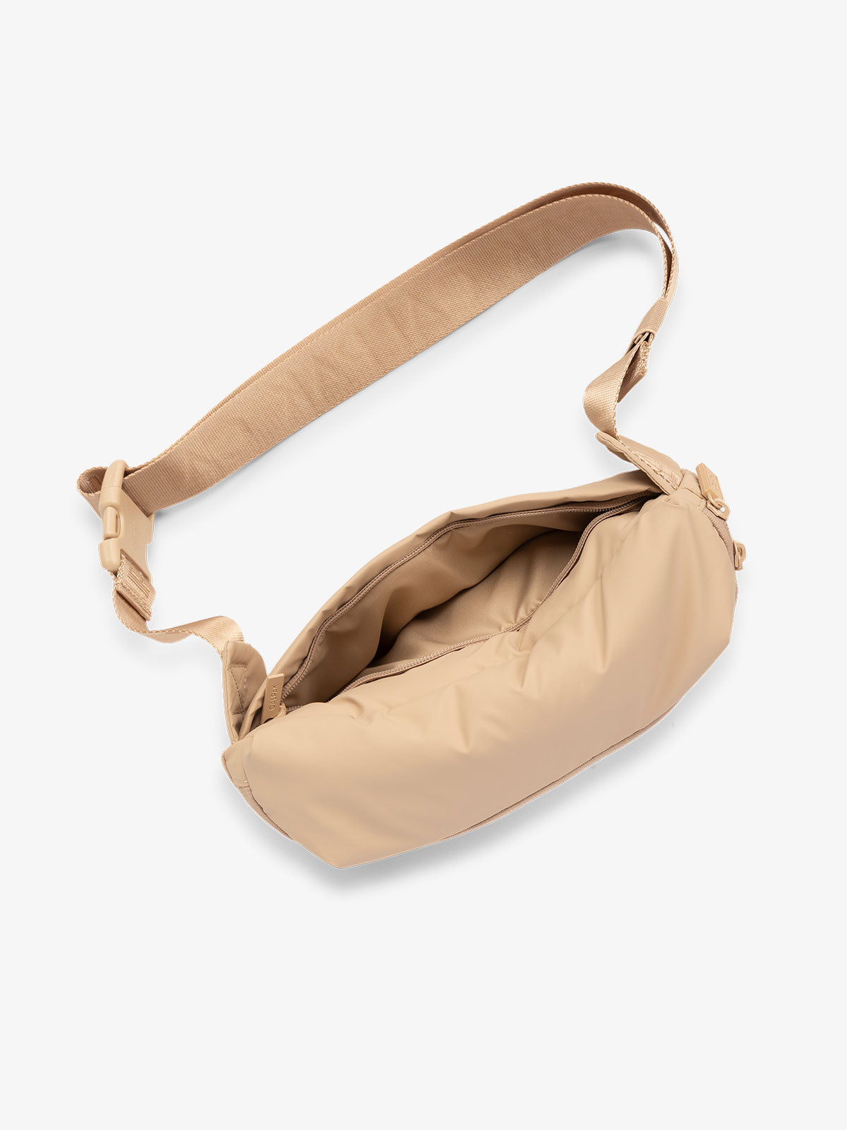 CALPAK Luka Belt Bag with adjustable strap and hidden back pocket in light brown; BB1901-LATTE