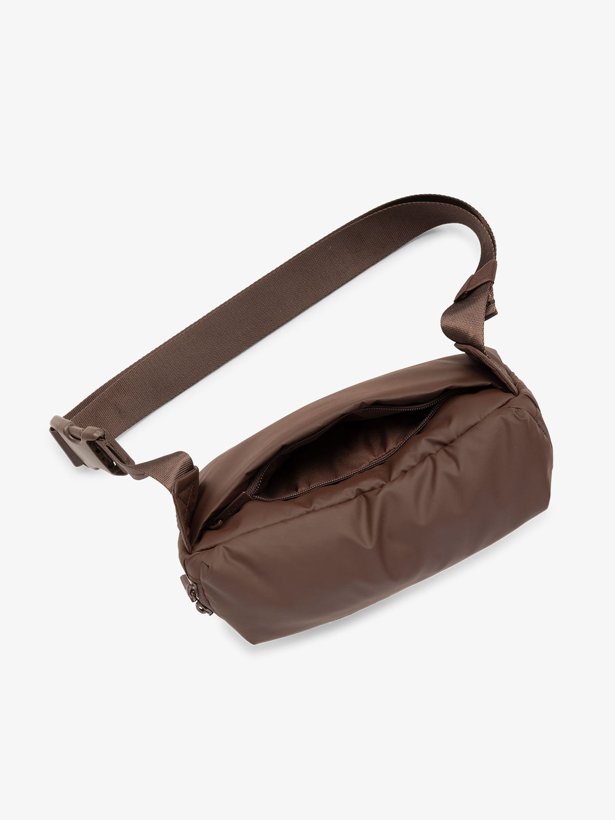 CALPAK Luka Belt Bag with adjustable strap and hidden back pocket in dark brown; BB1901-WALNUT