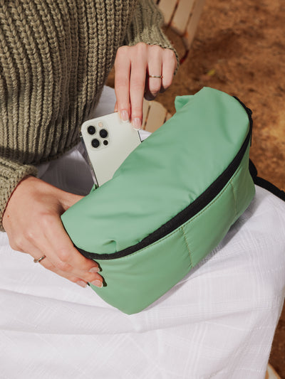 CALPAK Luka Belt Bag with soft puffy exterior in green; BB1901-SAGE