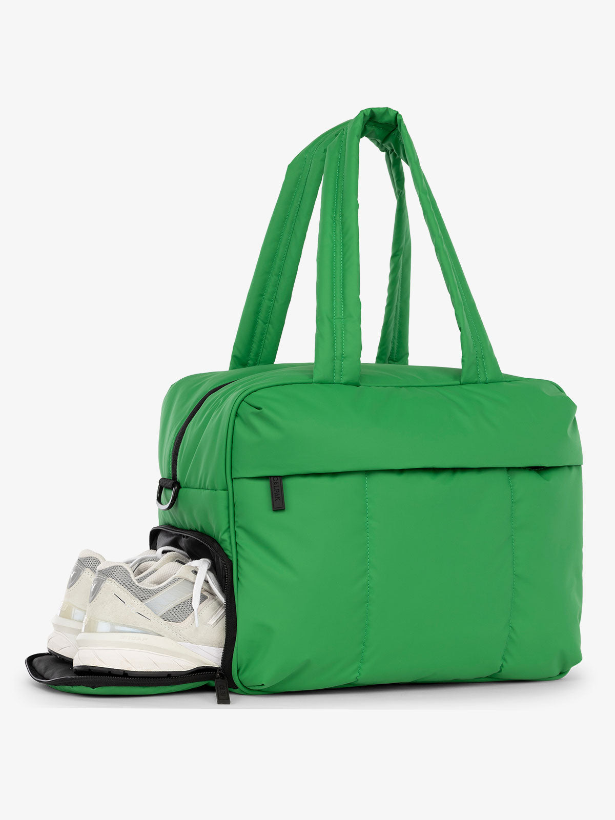 CALPAK Luka Duffel Bag with side shoe compartment and top handles in light green apple