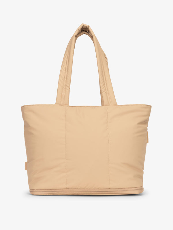 CALPAK Luka expandable tote bag with laptop compartment and padded straps in latte