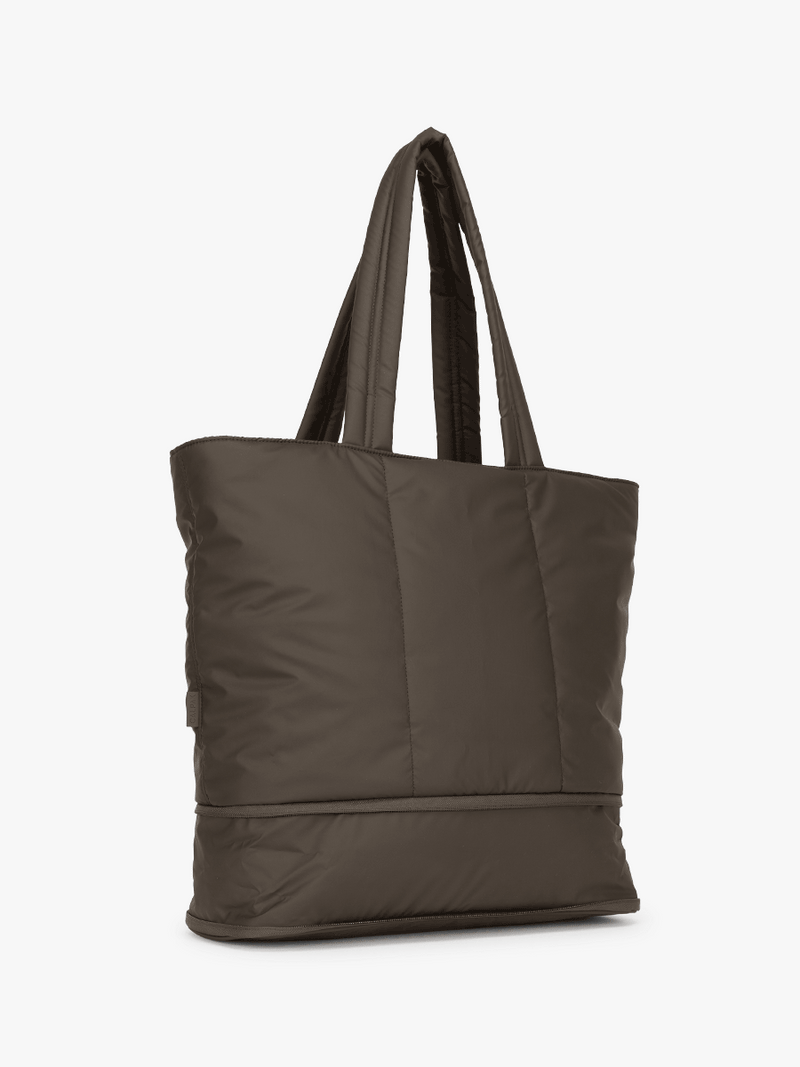 Gif of CALPAK Luka Expandable Tote in brown Mushroom