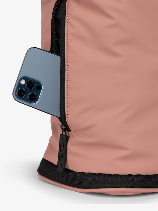 CALPAK Luka expandable laptop bag with hidden zippered pockets in pink peony