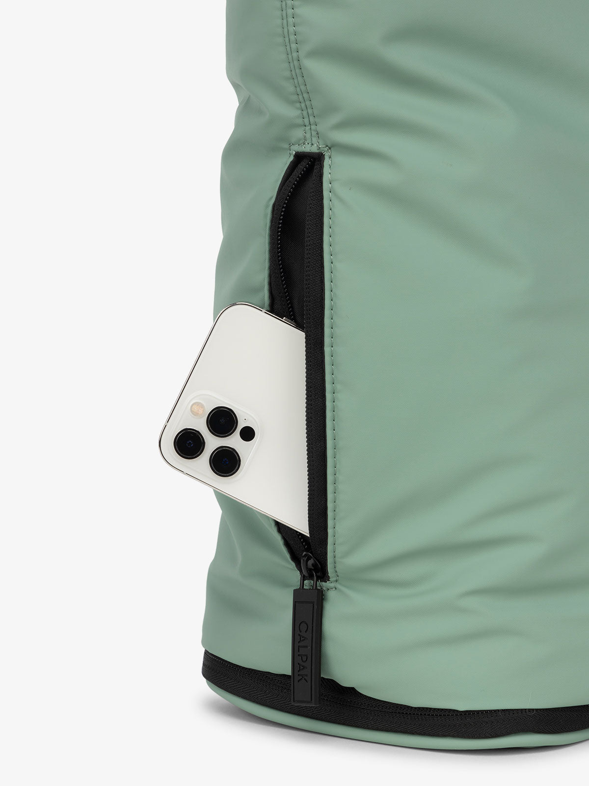 CALPAK Luka expandable laptop tote with side pocket in green;  ALT2201-SAGE