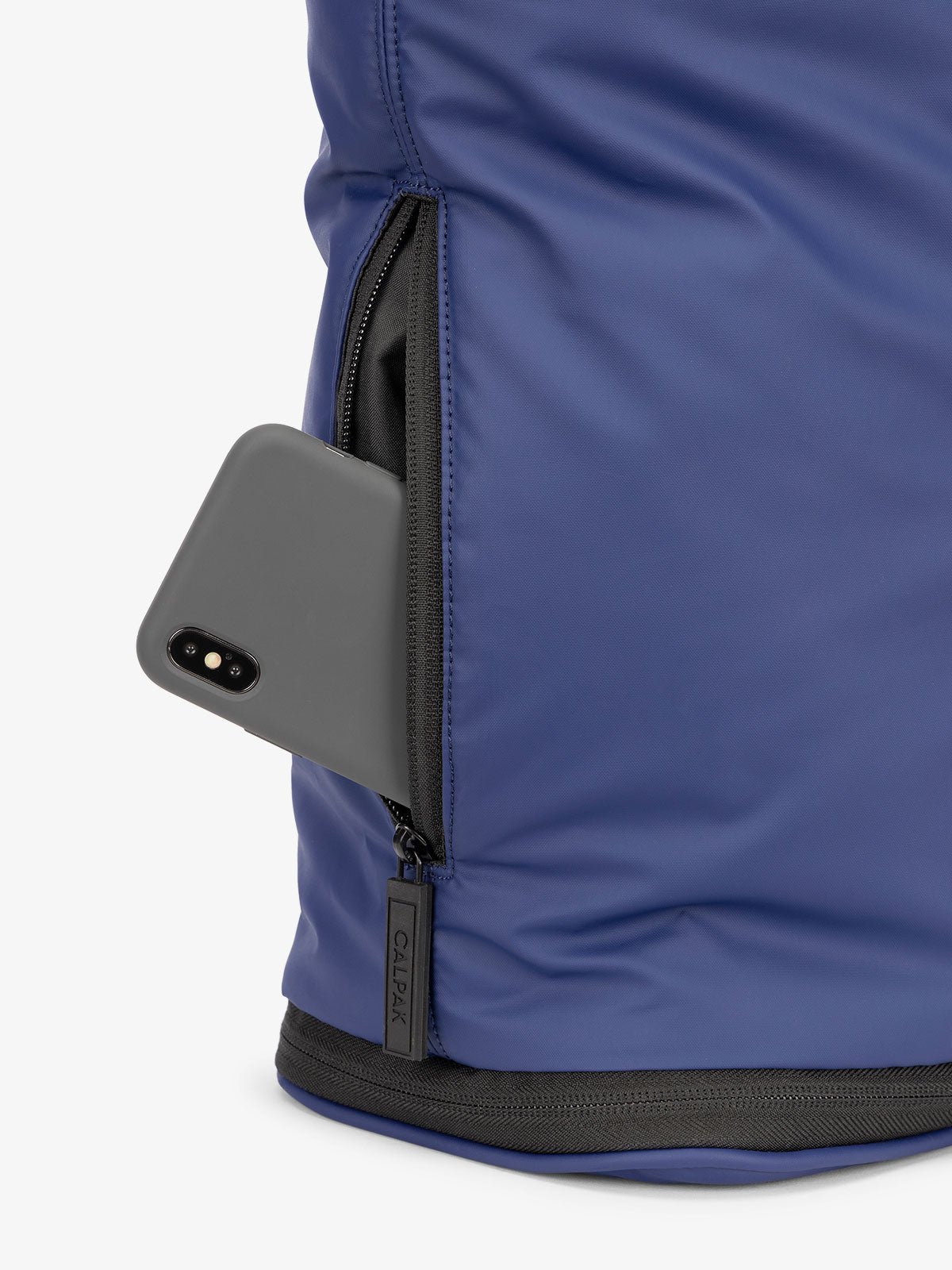 CALPAK Luka expandable laptop bag with hidden zippered pockets in navy blue