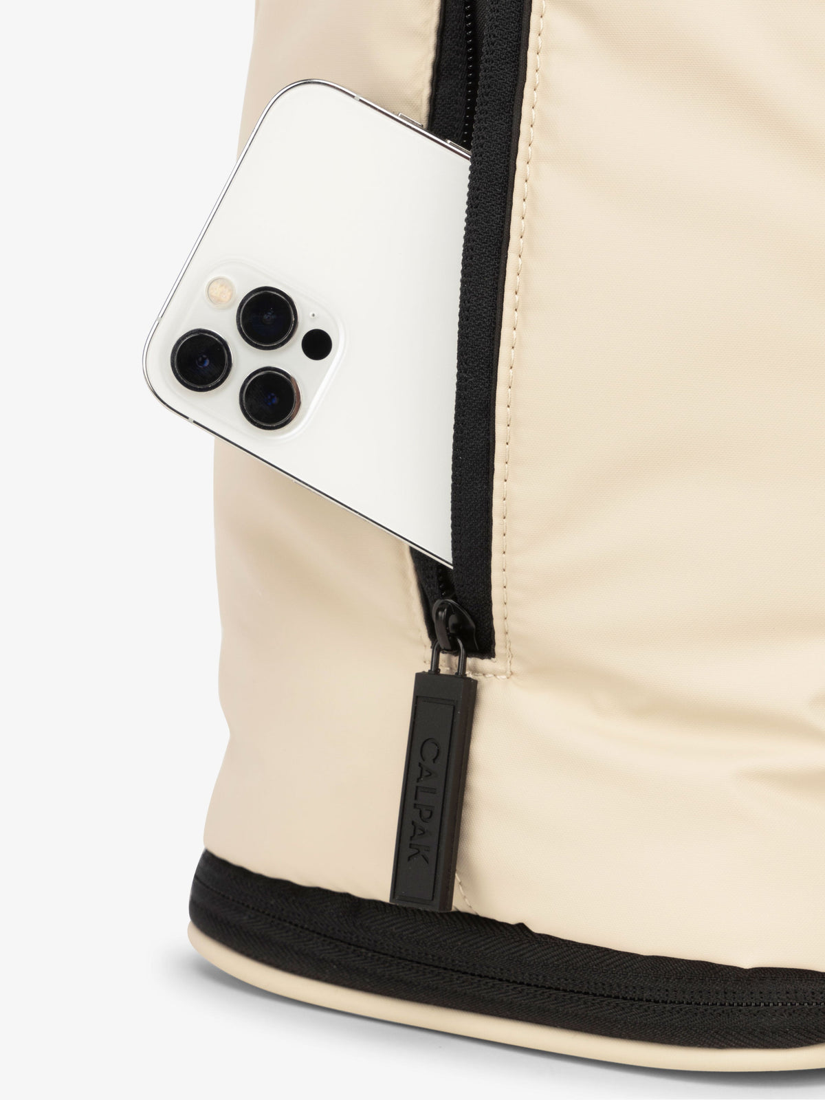 CALPAK Luka expandable laptop bag with hidden side pocket in ivory; ALT2201-OATMEAL