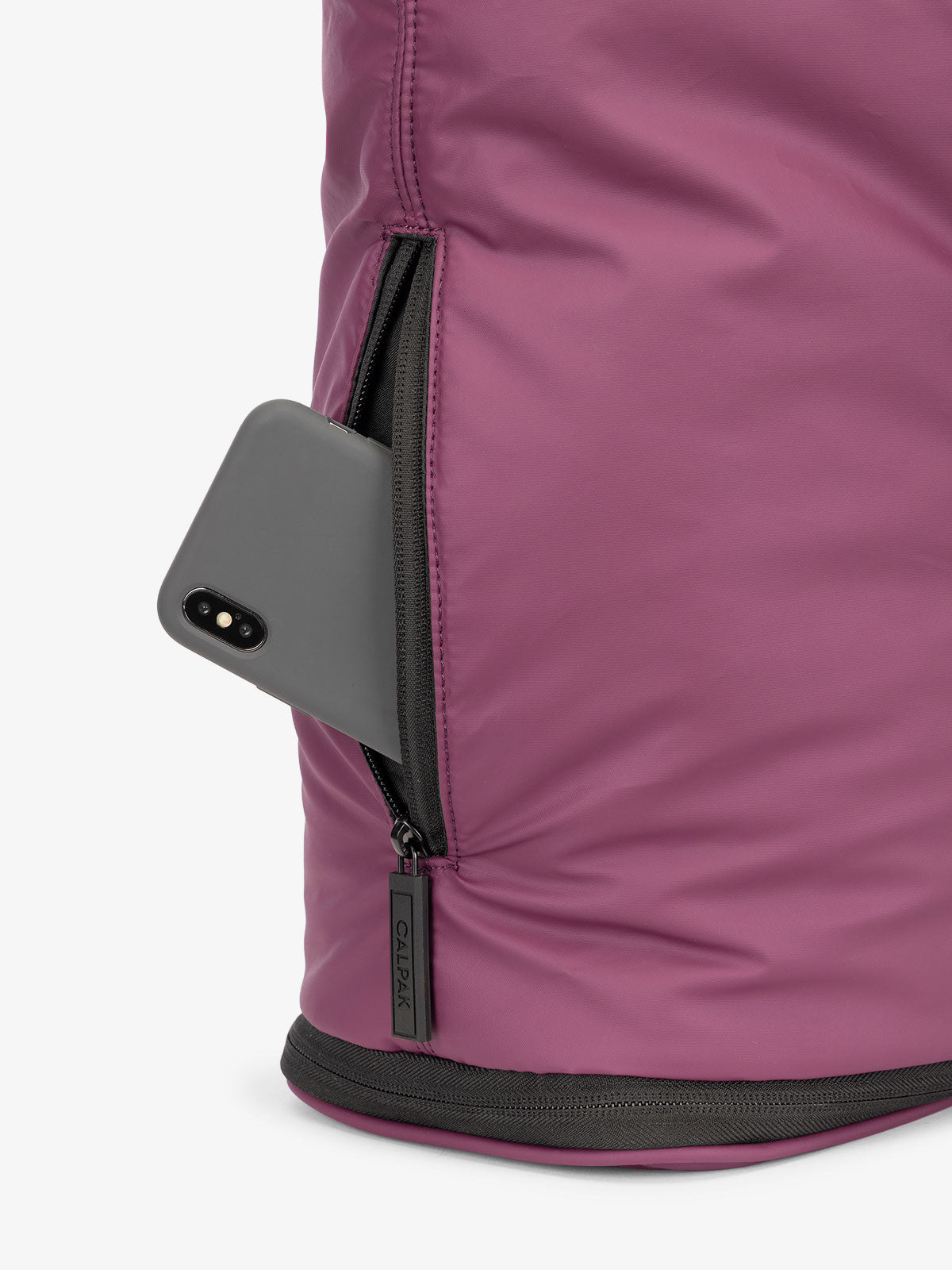 CALPAK Luka expandable laptop bag with hidden zippered pockets in plum; ALT2201-PLUM