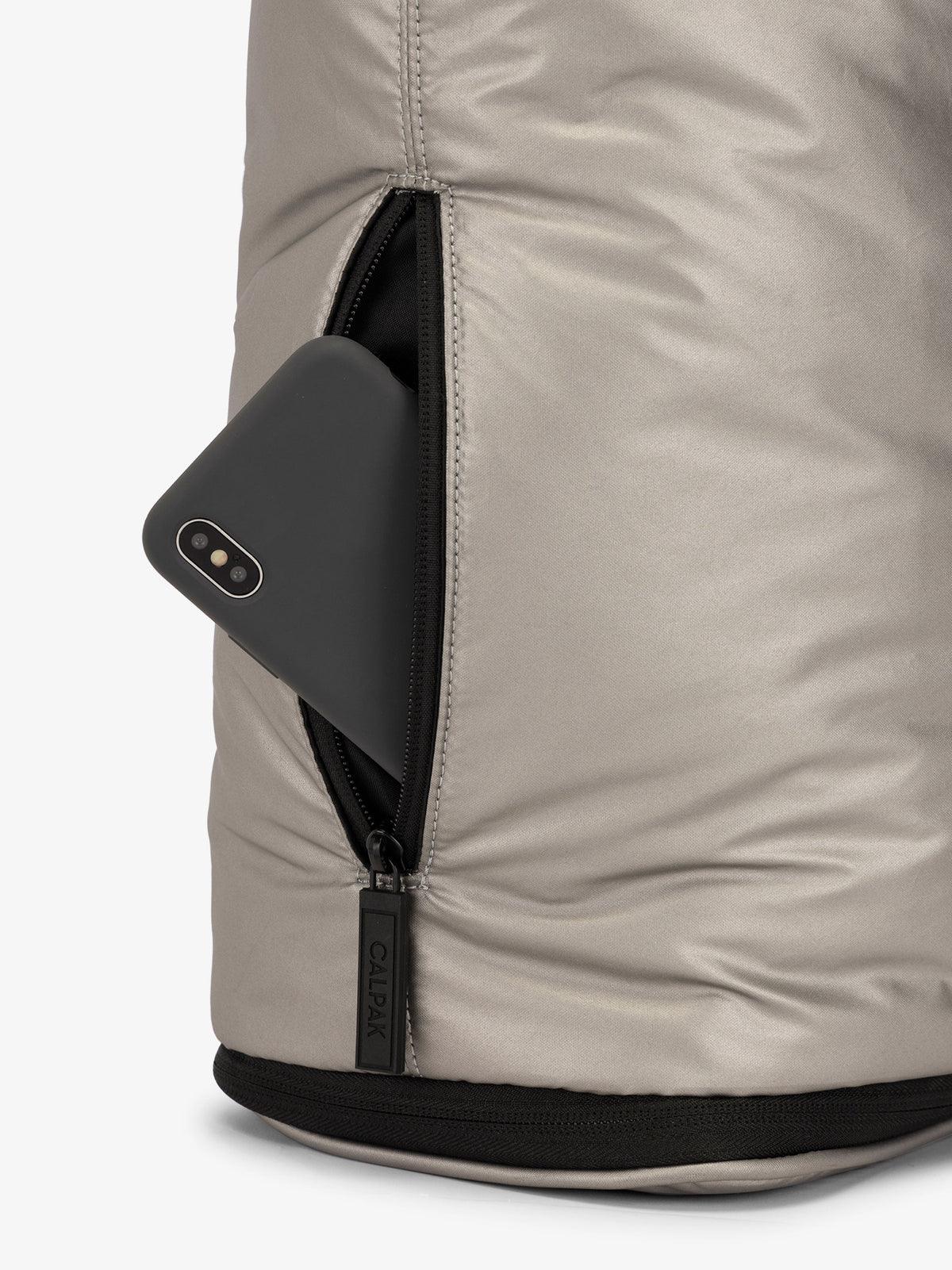  CALPAK Luka expandable laptop bag with hidden zippered pockets in metallic gray; ALT2201-GUNMETAL