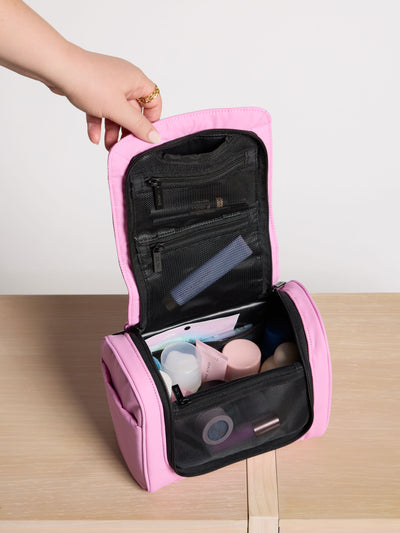 CALPAK Luka Hanging Toiletry Bag with carrying handle in pink bubblegum; TLH2301-BUBBLEGUM view 2
