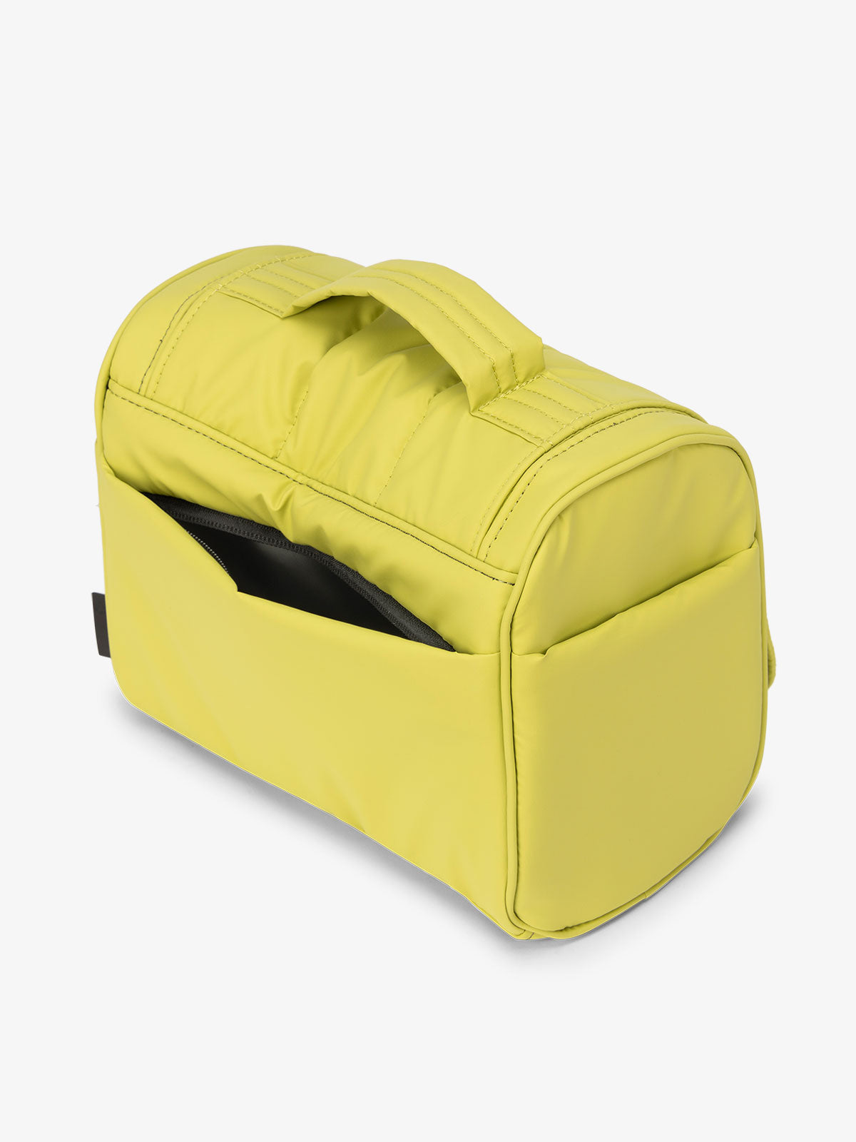 Celery green CALPAK Luka Hanging Toiletry Bag featuring additional secure zippered back pocket; TLH2301-CELERY