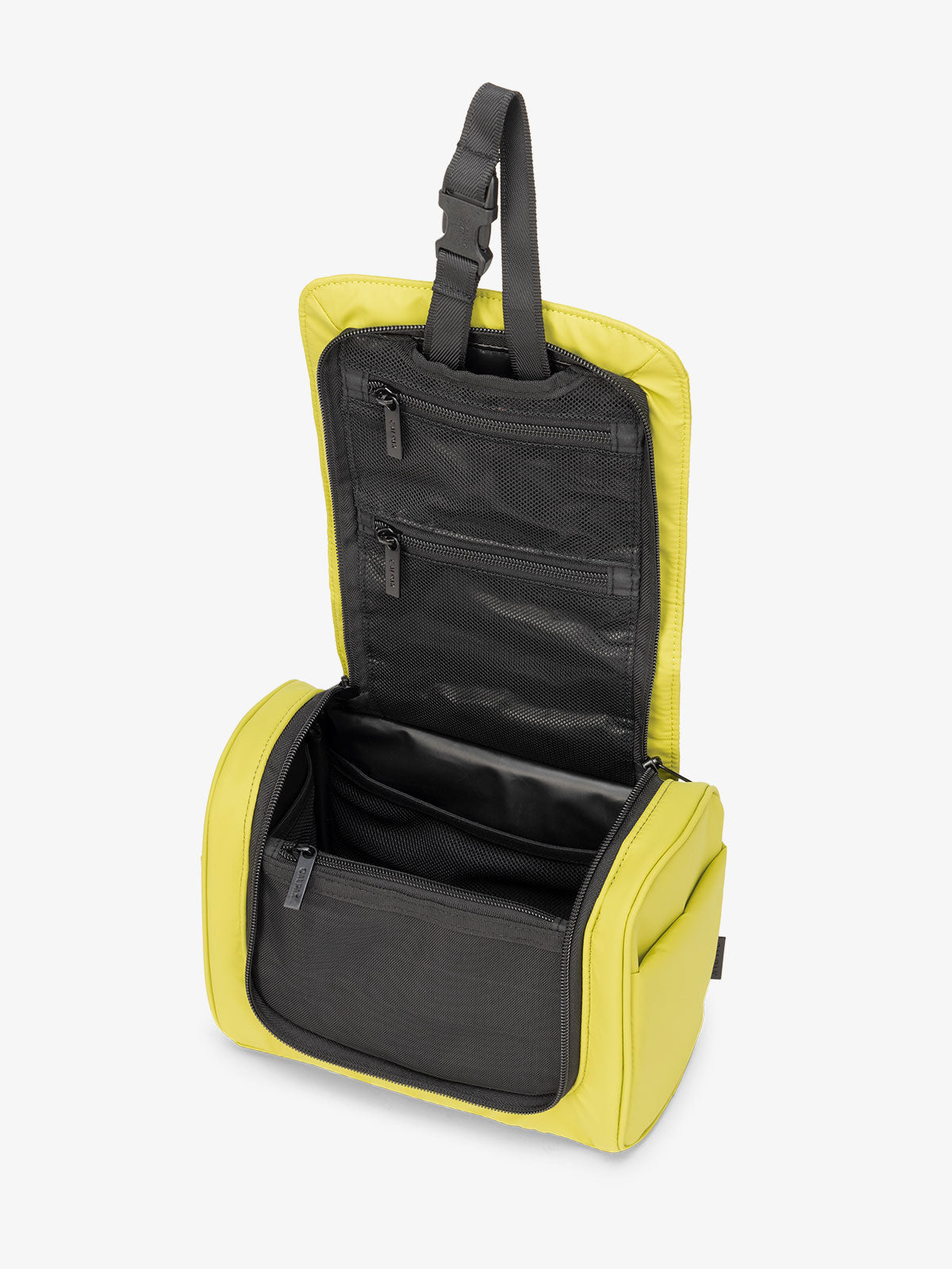 Luka Hanging Toiletry Bag with multiple interior pockets and retractable hanging strap in celery green; TLH2301-CELERY
