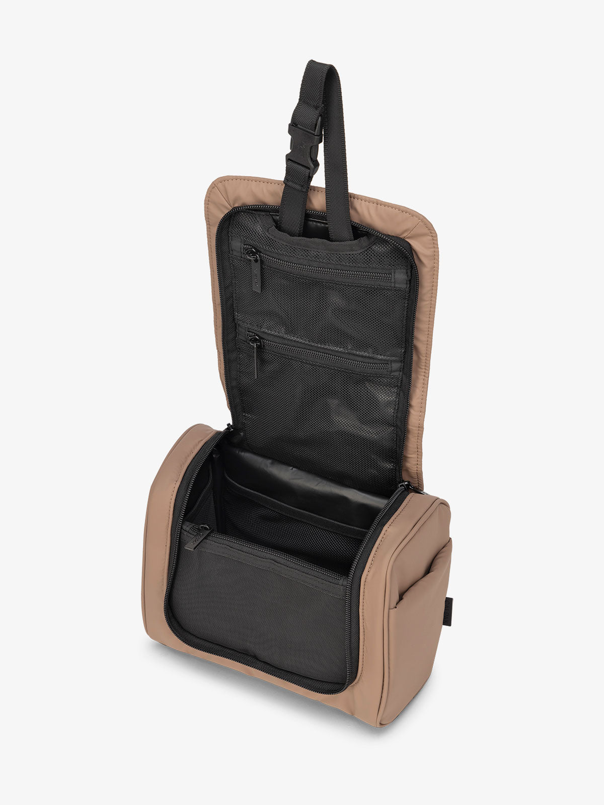 Luka Hanging Toiletry Bag with multiple interior pockets and retractable hanging strap in chocolate brown; TLH2301-CHOCOLATE