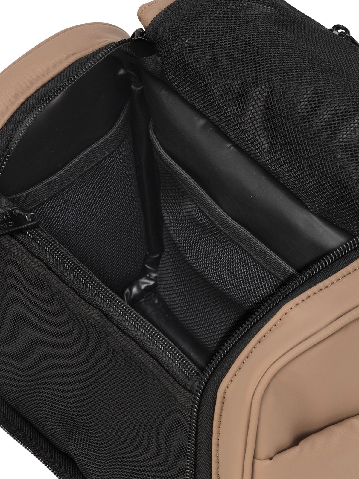 CALPAK Luka Hanging Toiletry Bag with water-resistant lining and mesh pockets for toiletries and makeup in chocolate brown; TLH2301-CHOCOLATE