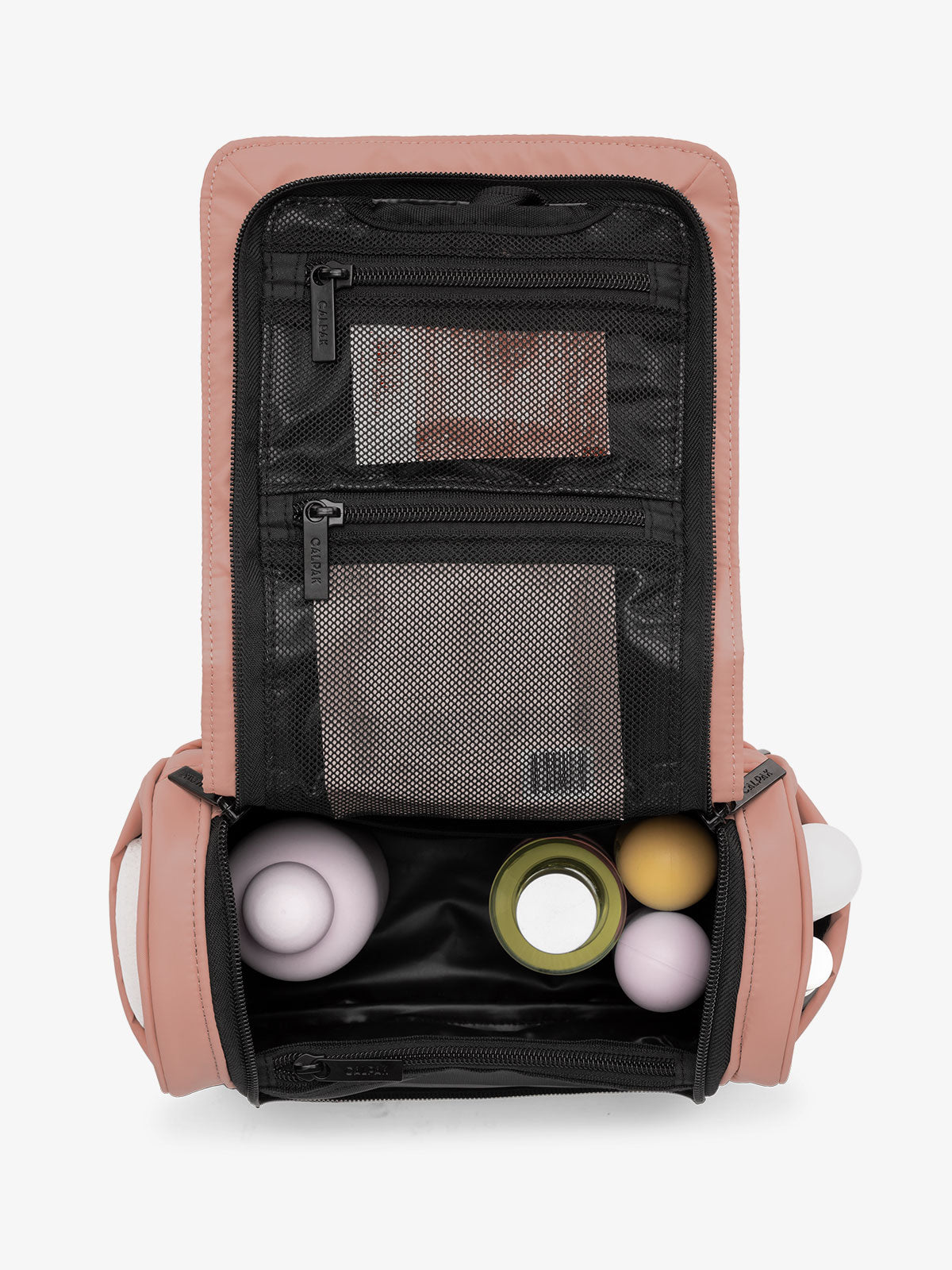 luka hanging toiletry bag with multiple interior and exterior pockets and compartments in peony pink; TLH2301-PEONY