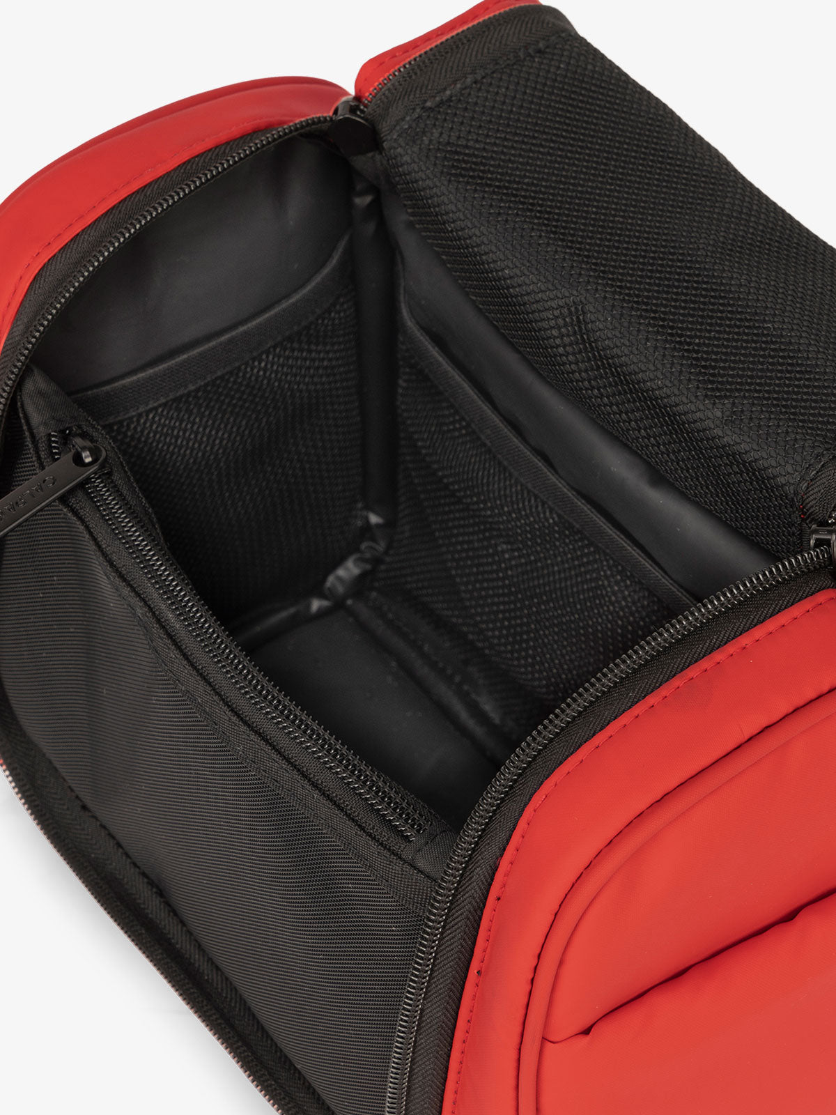 CALPAK Luka Hanging Toiletry Bag with water-resistant lining and mesh pockets for toiletries and makeup in red; TLH2301-ROUGE