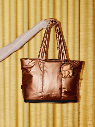 CALPAK Luka expandable tote bag with laptop compartment and padded straps in metallic brown copper; ALT2201-COPPER view 2