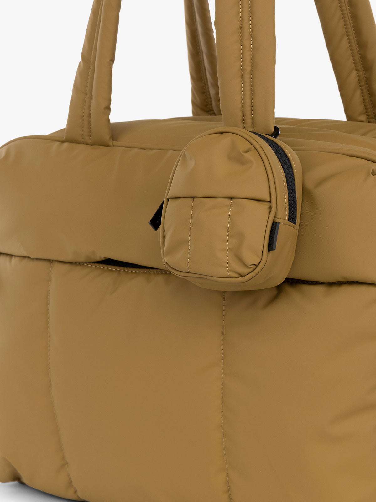 CALPAK Luka mini backpack keychain attached to duffel with carabiner clip in khaki brown; AMB2201-KHAKI