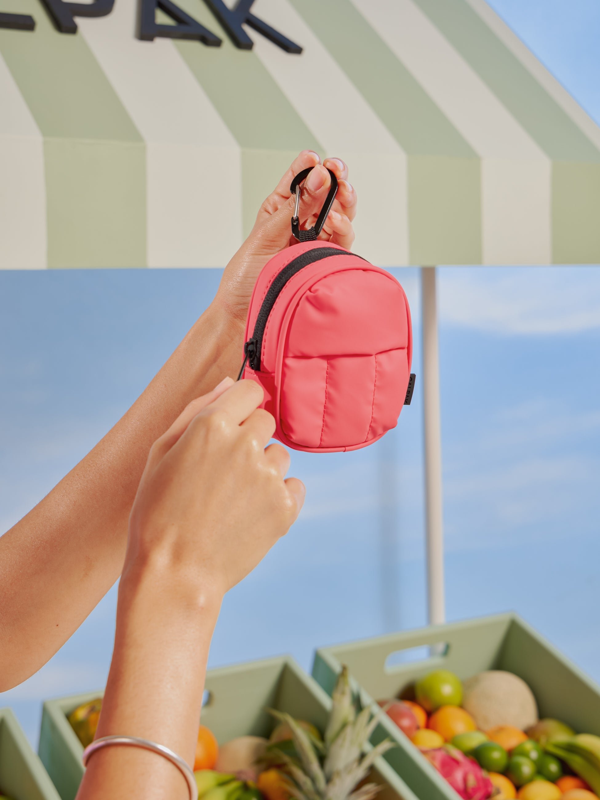 CALPAK Luka backpack key chain with back versatile elastic wrist strap and carabiner clip in watermelon pink