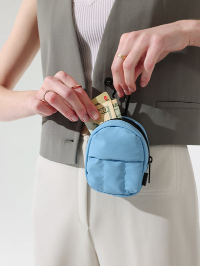 CALPAK Luka key pouch with carabiner clip in winter sky; AMB2201-WINTER-SKY view 2