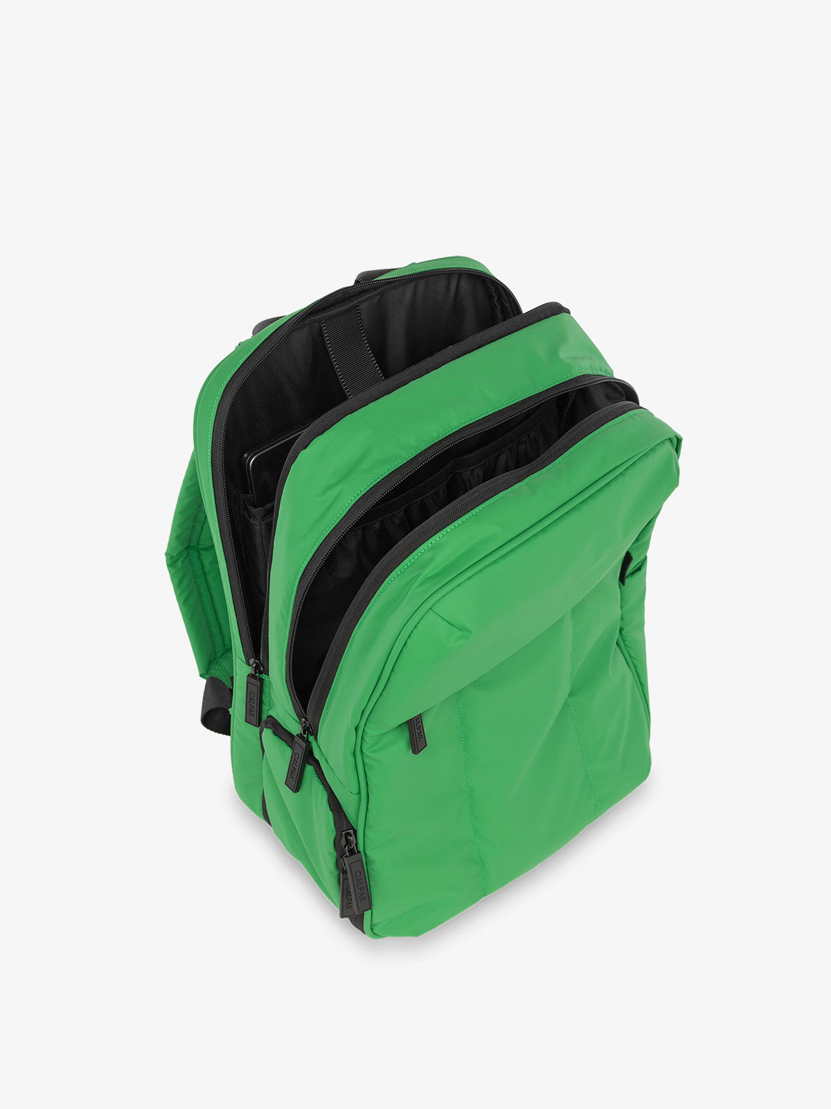 CALPAK Luka 15 Inch Laptop Backpack with soft puffy exterior and multiple pockets in green; BPL2001-GREEN-APPLE