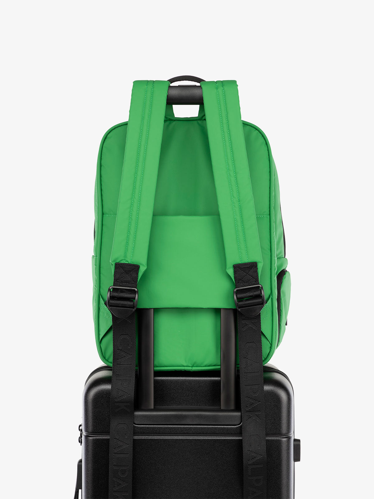 CALPAK Luka Laptop Backpack with adjustable shoulder straps and luggage sleeve in green apple