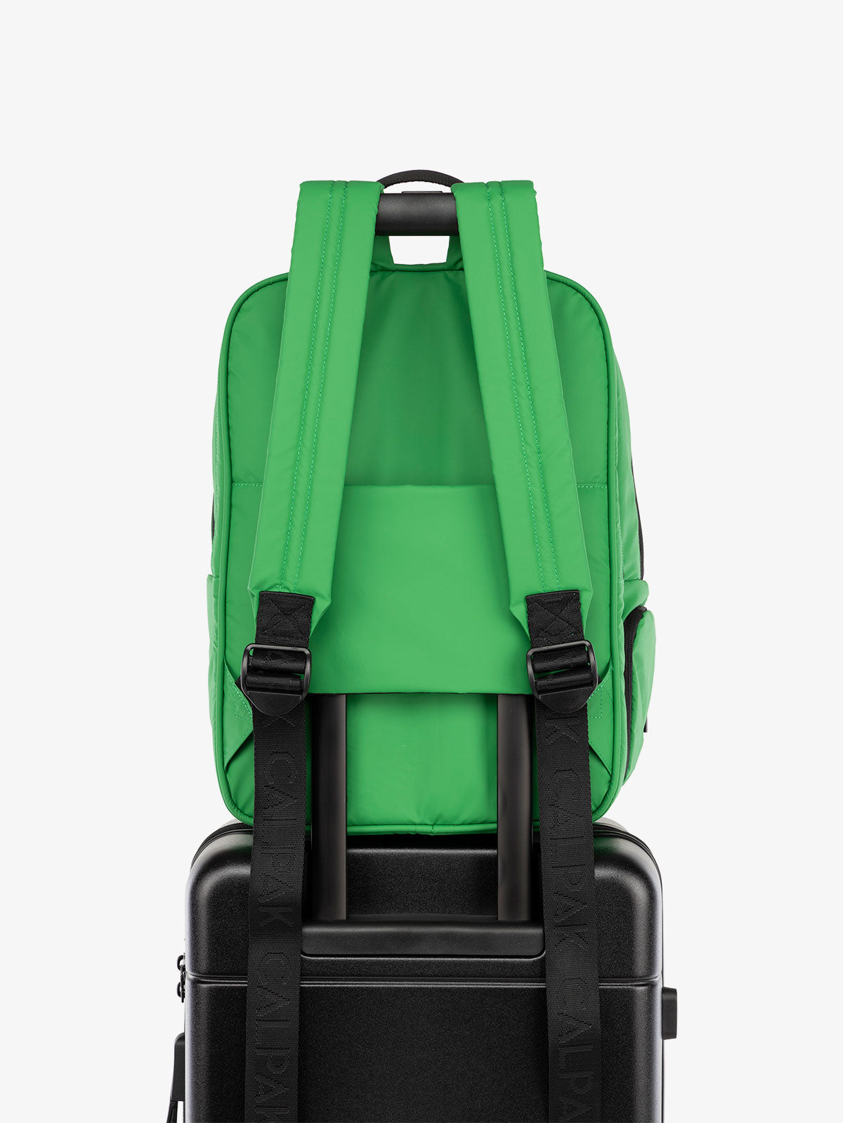 CALPAK Luka Laptop Backpack with adjustable shoulder straps and luggage sleeve in green apple; BPL2001-GREEN-APPLE