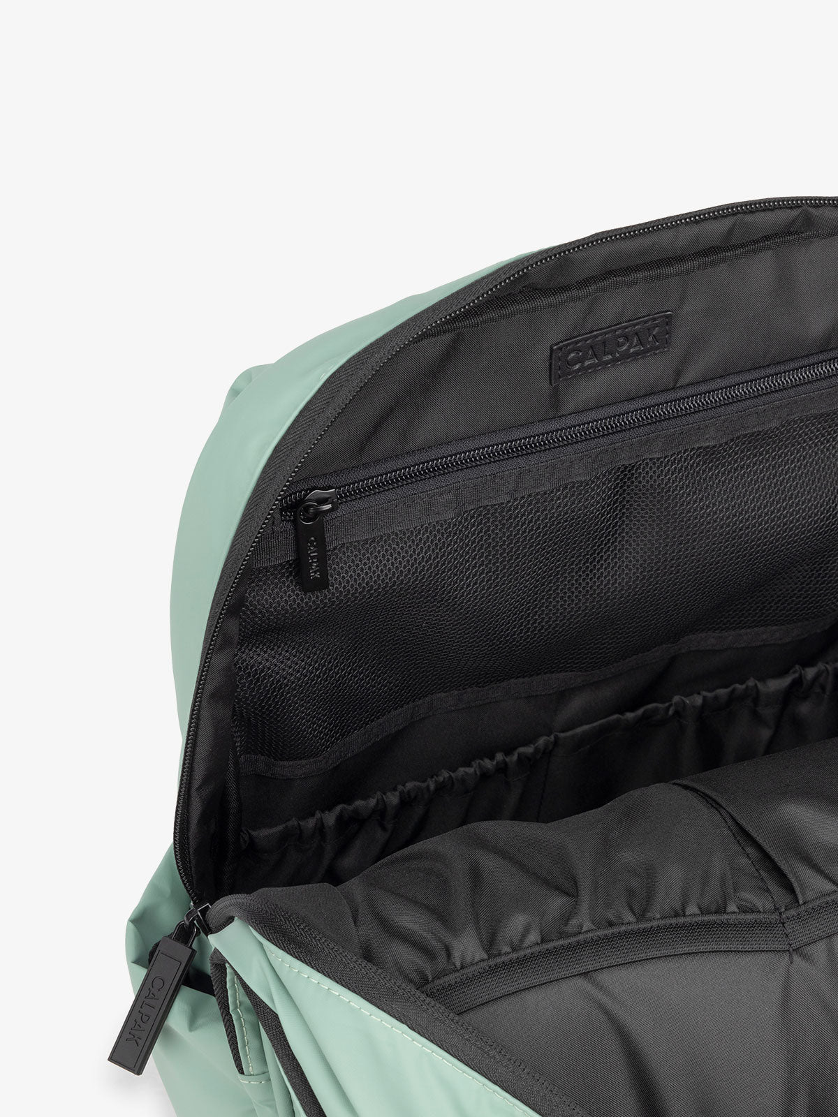 CALPAK Luka Laptop puffy Backpack for school with multi pocket interior in green; BPL2001-SAGE