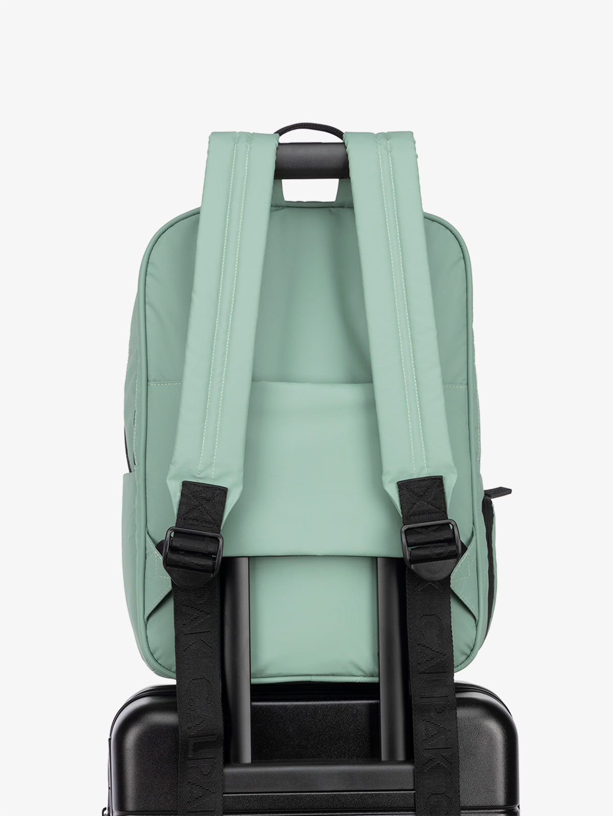 CALPAK water resistant Luka Laptop Backpack with adjustable shoulder straps and trolley sleeve in sage green; BPL2001-SAGE