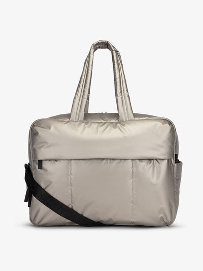 CALPAK Luka large duffle bag with detachable strap and zippered front pocket in metallic silver; DLL2201-GUNMETAL
