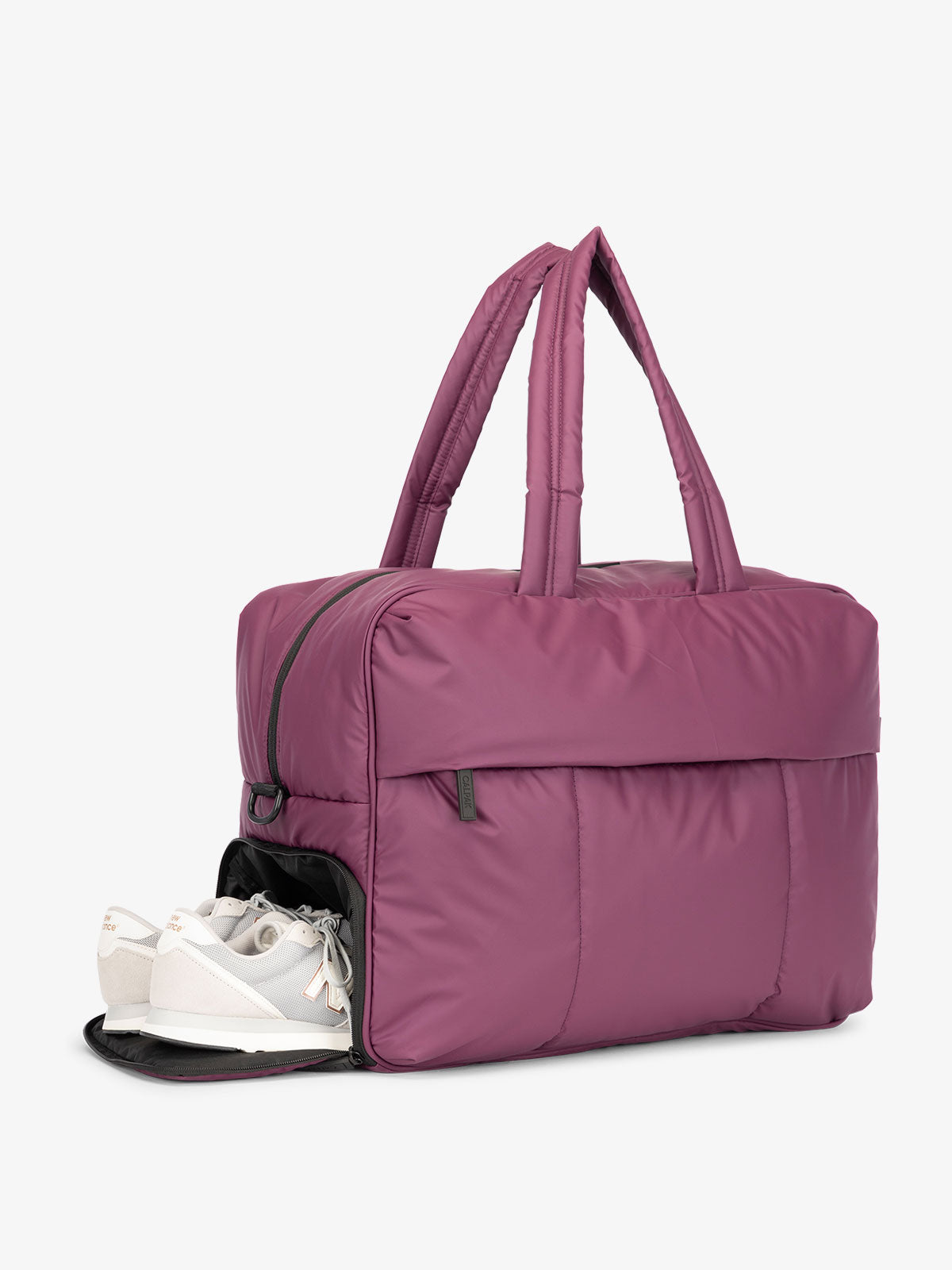 CALPAK Luka large duffel bag with side shoe compartment and dual handles in purple; DLL2201-PLUM