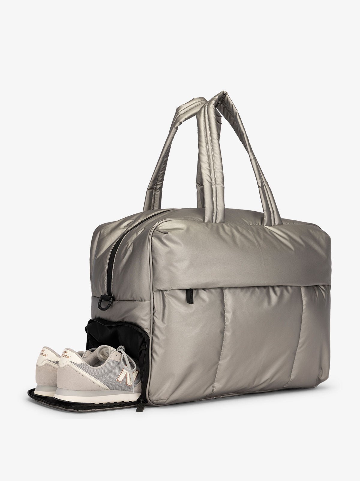 CALPAK Luka large duffel bag with side shoe compartment and dual handles in silver gunmetal